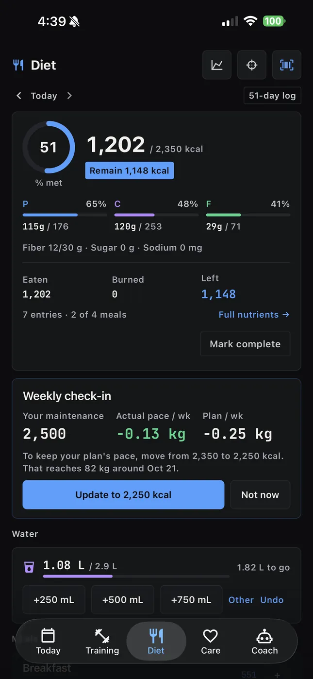 La journée Nutrition avec calories, macros, le bilan hebdomadaire et l’eau
