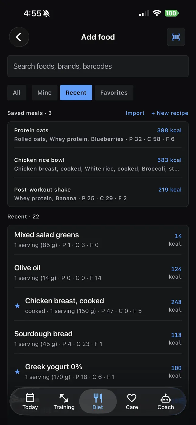 Ajout d’aliments depuis les repas enregistrés et les aliments récents